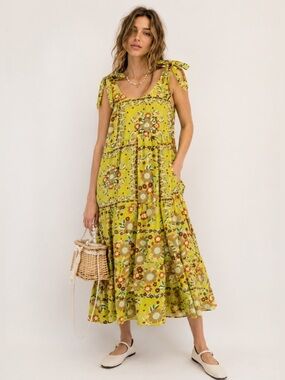 easel Lime Green Floral Tie-Shoulder Maxi Dress